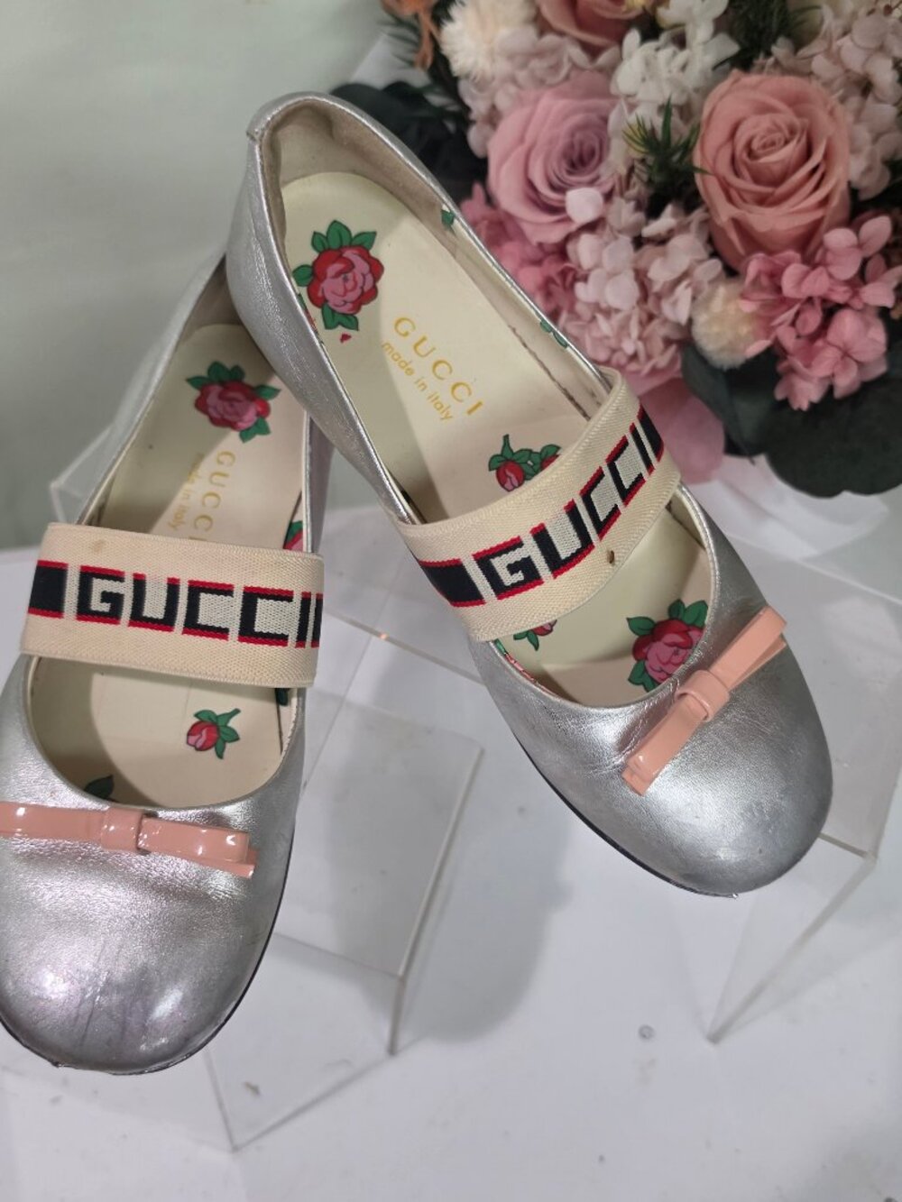 Gucci Kids Girls Metallic Ballet Flats Slip On Shoes 30 12.5 Italy